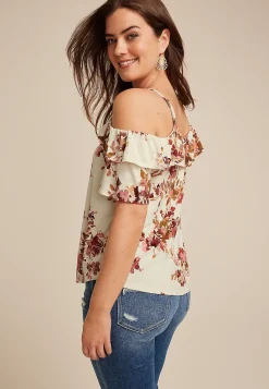 Maurices Shirts & Blouses-Floral Front Tie Cold Shoulder Top