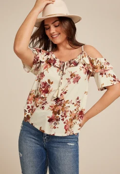 Maurices Shirts & Blouses-Floral Front Tie Cold Shoulder Top