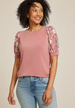 Maurices Tees|Shirts & Blouses-Floral Mesh Puff Sleeve Top