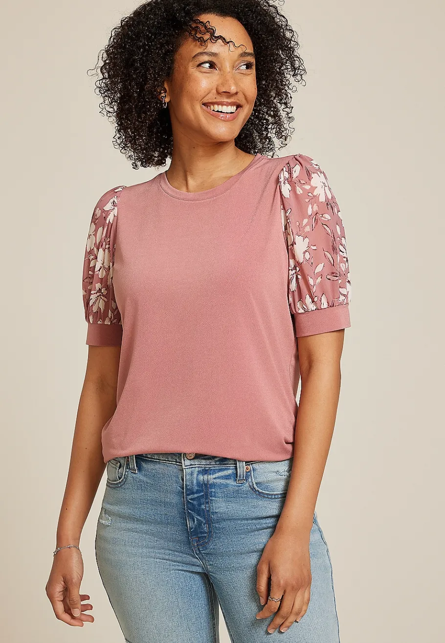 Maurices Tees|Shirts & Blouses-Floral Mesh Puff Sleeve Top