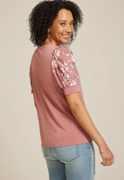 Maurices Tees|Shirts & Blouses-Floral Mesh Puff Sleeve Top