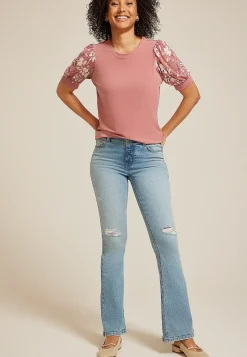 Maurices Tees|Shirts & Blouses-Floral Mesh Puff Sleeve Top