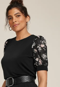 Maurices Tees|Shirts & Blouses-Floral Mesh Puff Sleeve Top