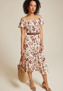 Maurices Wedding Guest & Cocktail Dresses|Work Dresses-Floral Off The Shoulder Smocked Midi Dress