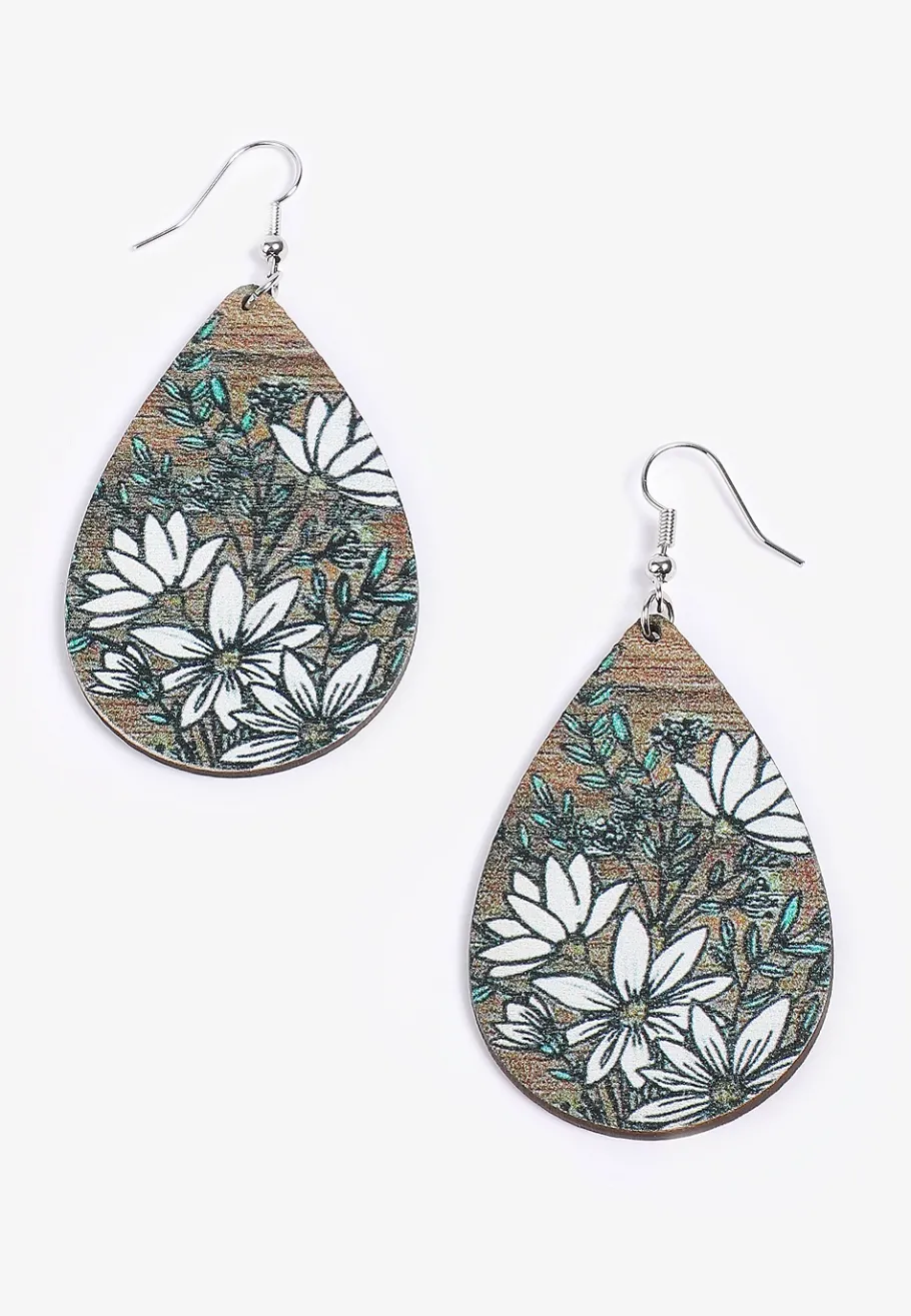 Maurices Earrings-Floral Watercolor Wooden Teardrop Earrings