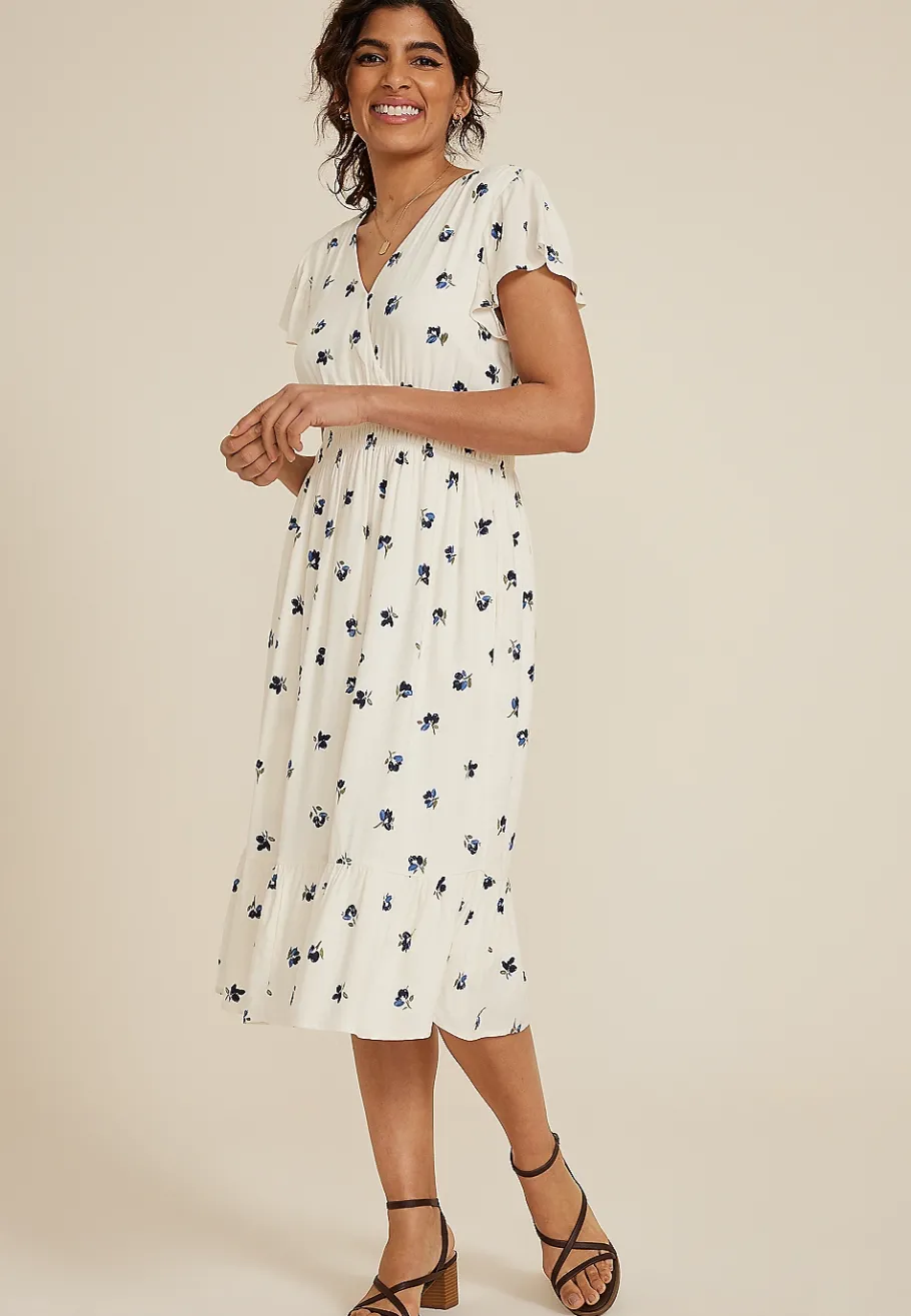 Maurices Wedding Guest & Cocktail Dresses|Work Dresses-Flutter Sleeve V Neck Midi Dress
