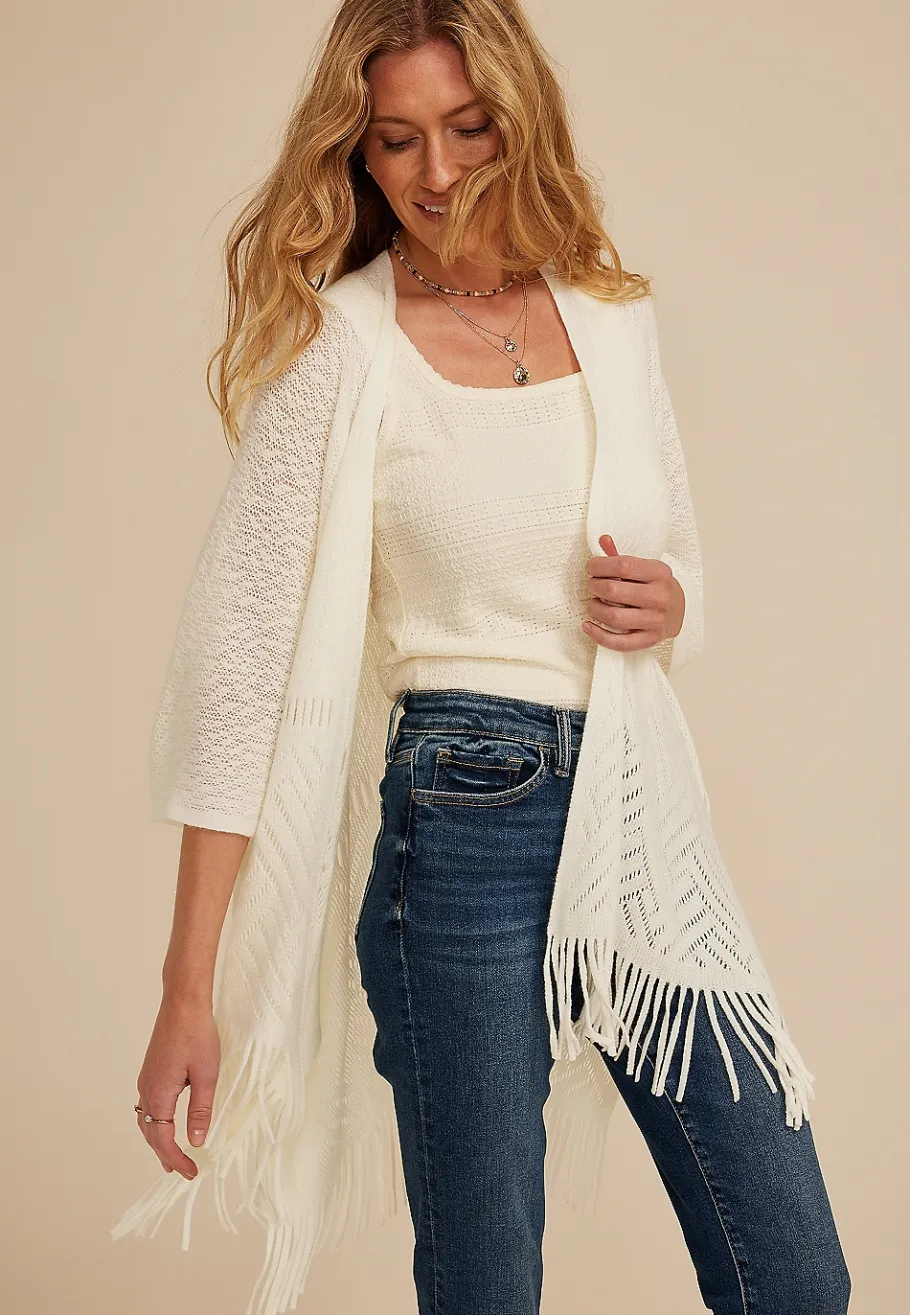 Maurices Sweaters Cardigans & Kimonos-Fringed Textured Knit Kimono