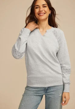 Maurices Sweatshirts-Heathered Crochet Mix Relaxed Fit Sweatshirt