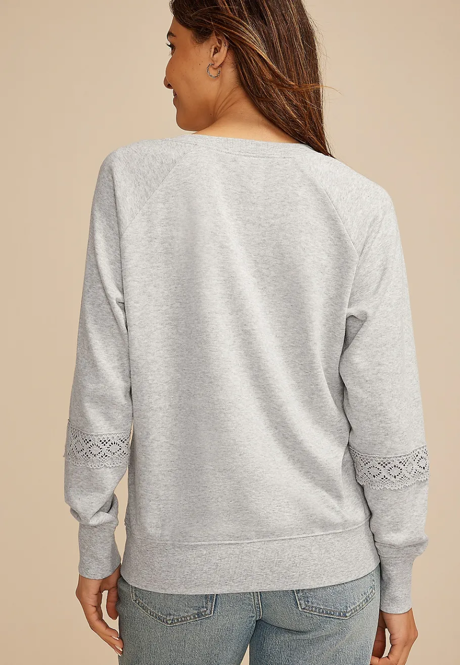 Maurices Sweatshirts-Heathered Crochet Mix Relaxed Fit Sweatshirt