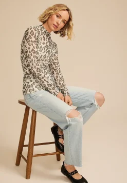 Maurices Tees|Shirts & Blouses-Leopard Mesh Mock Neck Blouse