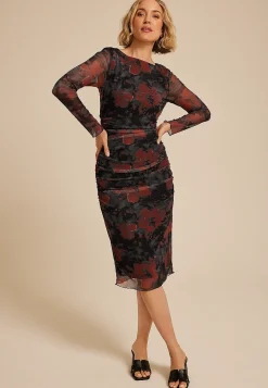 Maurices Wedding Guest & Cocktail Dresses|Work Dresses-Mesh Floral Long Sleeve Midi Dress