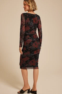 Maurices Wedding Guest & Cocktail Dresses|Work Dresses-Mesh Floral Long Sleeve Midi Dress