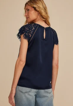 Maurices Tanks & Camis-Mixed Fabric Lace Short Sleeve Blouse