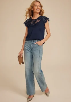 Maurices Tanks & Camis-Mixed Fabric Lace Short Sleeve Blouse