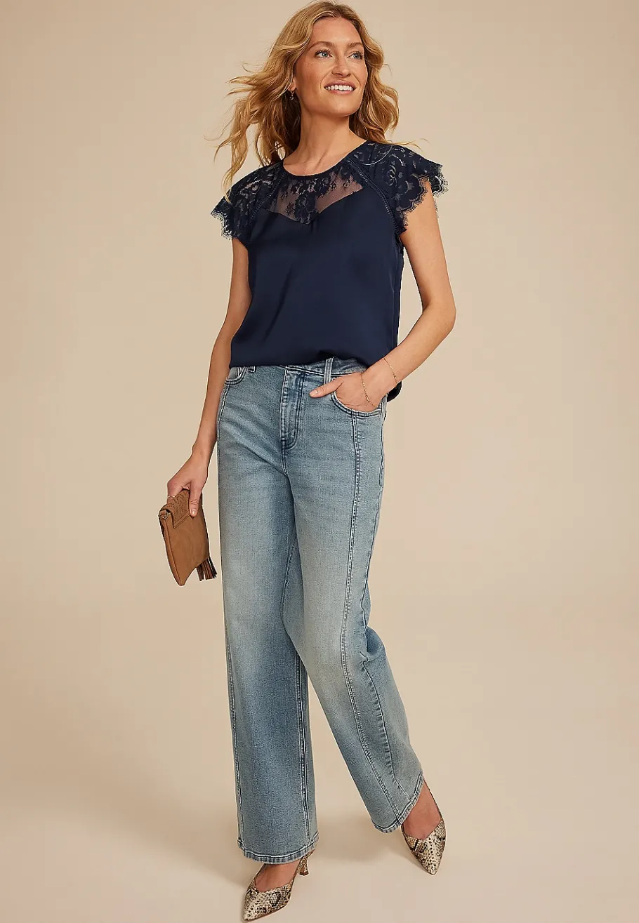 Maurices Tanks & Camis-Mixed Fabric Lace Short Sleeve Blouse