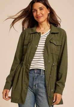 Maurices Jackets-Olive Twill Cinched Waist Jacket