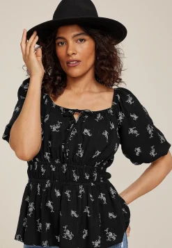 Maurices Shirts & Blouses-Paisley Tie Front Puff Sleeve Blouse