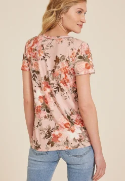 Maurices Tees-Pink Floral Flutter Sleeve Tee