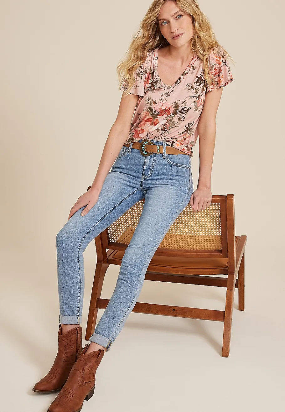 Maurices Tees-Pink Floral Flutter Sleeve Tee