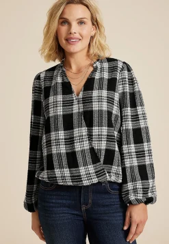 Maurices Shirts & Blouses-Plaid Bubble Hem Long Sleeve Blouse