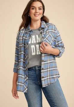 Maurices Plaid & Button Down Shirts|Graphics-Plaid Game Day Graphic Back Oversized Button Down Shirt