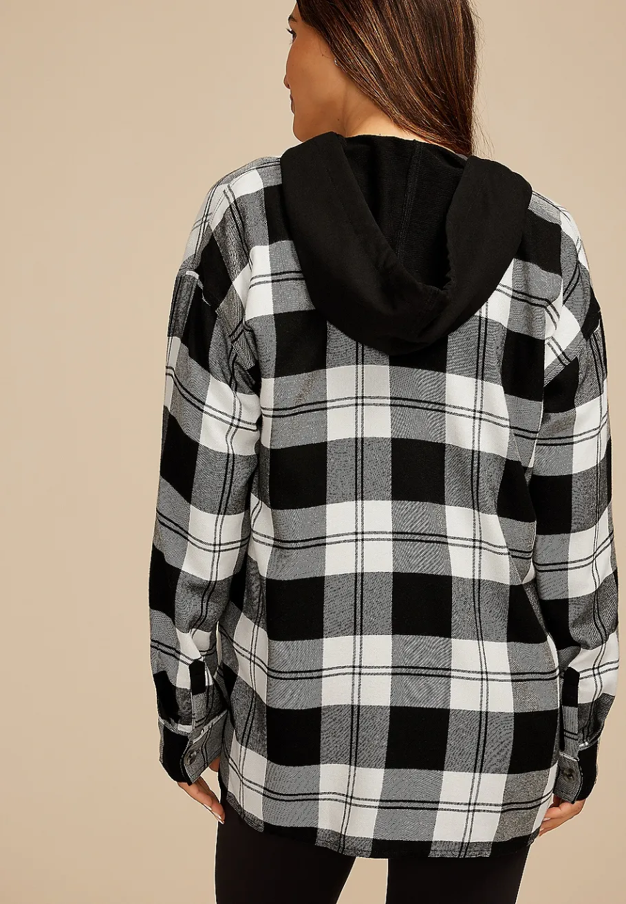 Maurices Plaid & Button Down Shirts-Plaid Hooded Boyfriend Button Down Shirt