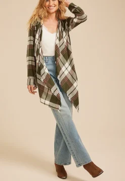 Maurices Sweaters Cardigans & Kimonos-Plaid Open Front Waterfall Cardigan