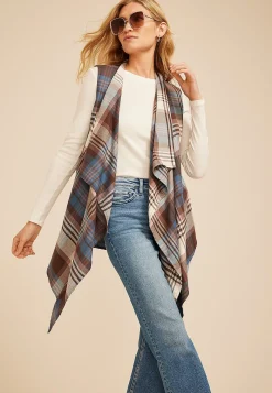 Maurices Sweaters Cardigans & Kimonos-Plaid Open Front Waterfall Vest