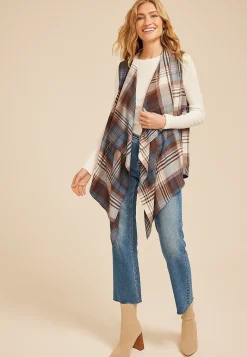 Maurices Sweaters Cardigans & Kimonos-Plaid Open Front Waterfall Vest