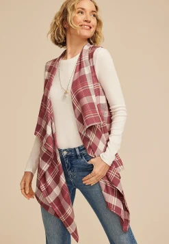 Maurices Sweaters Cardigans & Kimonos-Plaid Open Front Waterfall Vest