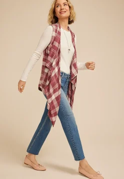 Maurices Sweaters Cardigans & Kimonos-Plaid Open Front Waterfall Vest