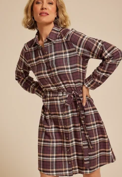 Maurices Work Dresses-Plaid Tie Waist Long Sleeve Shirt Dress