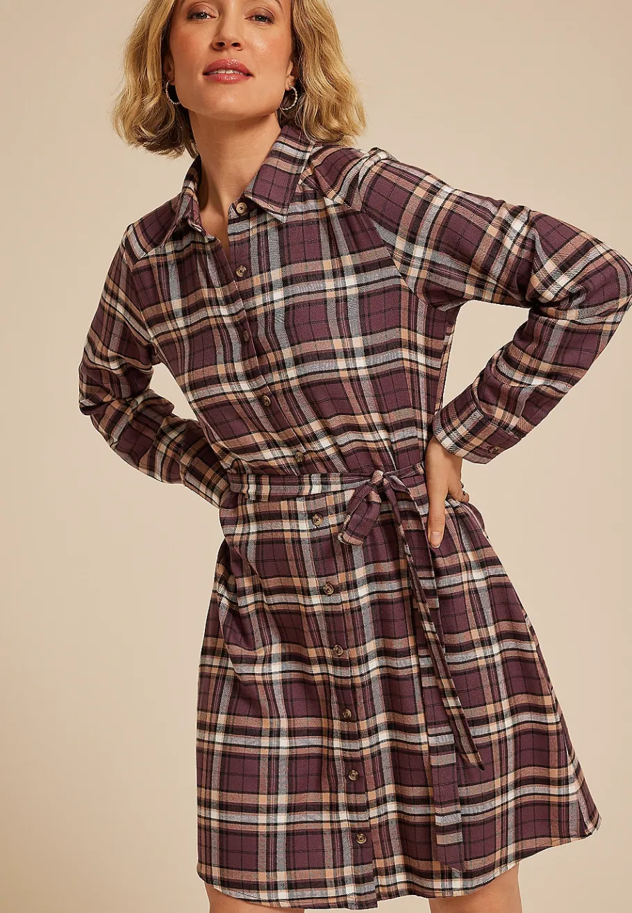 Maurices Work Dresses-Plaid Tie Waist Long Sleeve Shirt Dress