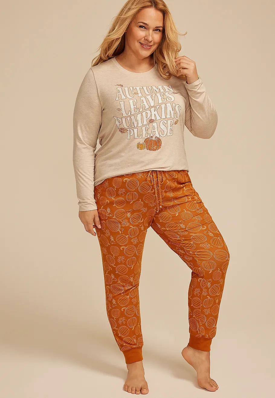 Maurices Plus Pajamas-Plus Size Autumn Leaves Pumpkins Please Graphic Tee And Jogger Pajama Set