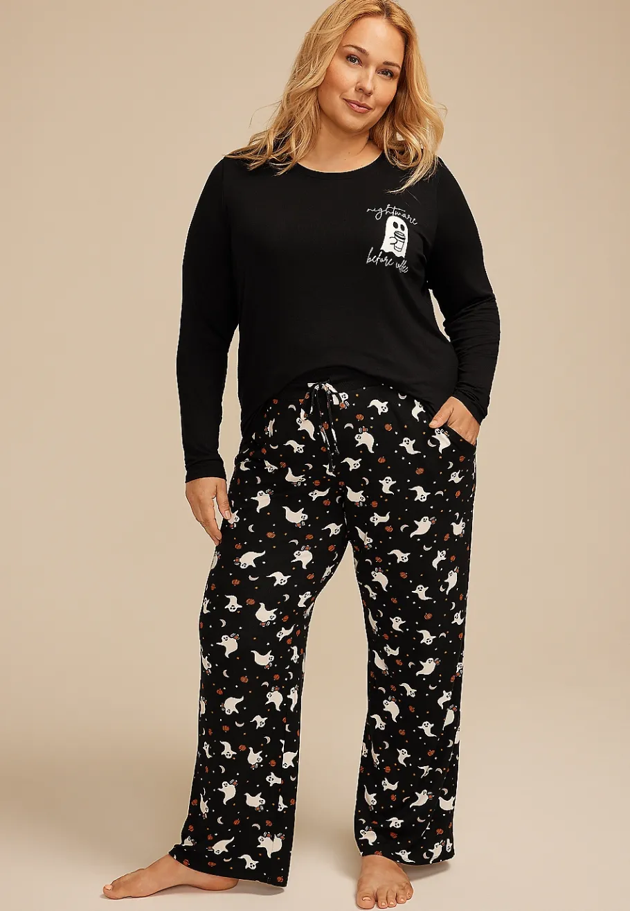 Maurices Plus Pajamas-Plus Size Nightmare Before Coffee Ghost Graphic Tee And Wide Leg Pajama Set