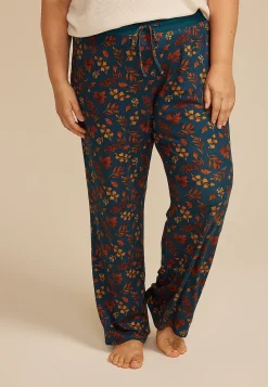 Maurices Plus Pajamas-Plus Size Teal Fall Leaves Wide Leg Pajama Pants