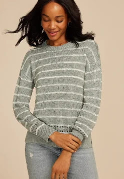 Maurices Sweaters Cardigans & Kimonos-Pointelle Striped Crew Neck Sweater