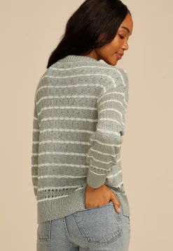 Maurices Sweaters Cardigans & Kimonos-Pointelle Striped Crew Neck Sweater
