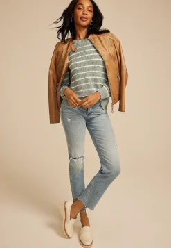 Maurices Sweaters Cardigans & Kimonos-Pointelle Striped Crew Neck Sweater
