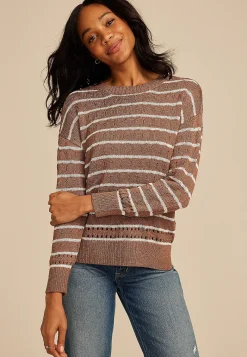 Maurices Sweaters Cardigans & Kimonos-Pointelle Striped Crew Neck Sweater