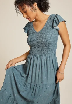 Maurices Work Dresses-Printed Flutter Sleeve Smocked Midi Dress