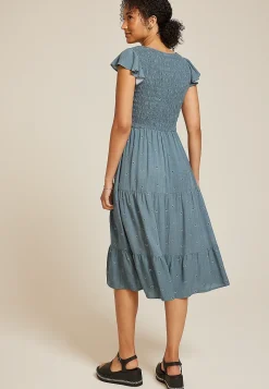 Maurices Work Dresses-Printed Flutter Sleeve Smocked Midi Dress