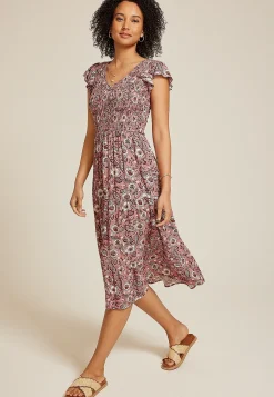 Maurices Work Dresses-Printed Flutter Sleeve Smocked Midi Dress