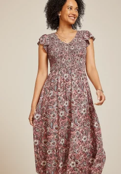Maurices Work Dresses-Printed Flutter Sleeve Smocked Midi Dress
