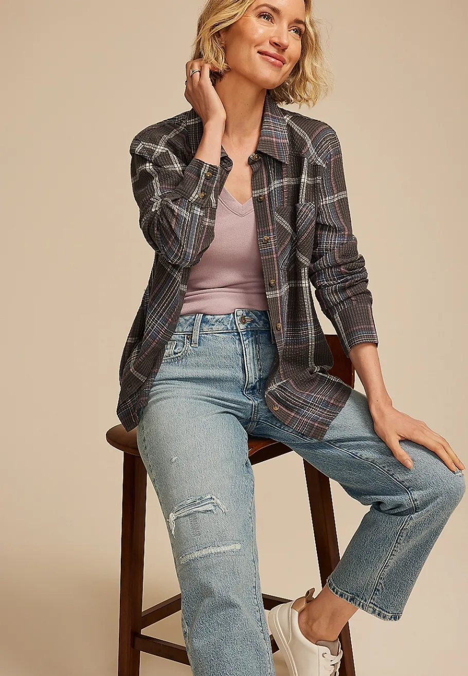 Maurices Plaid & Button Down Shirts-Pucker Plaid Button Down Shirt