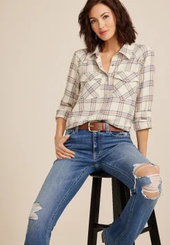 Maurices Plaid & Button Down Shirts-Pucker Plaid Button Down Shirt