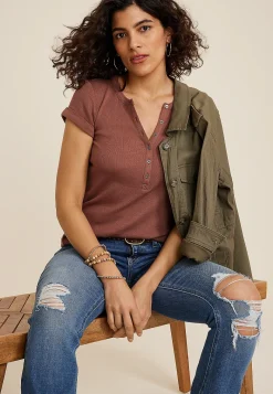 Maurices Tees-Ribbed Henley Short Sleeve Tee