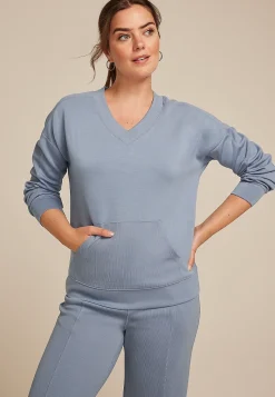 Maurices Sweatshirts-Ribbed Mixed Scuba Knit V Neck Sweatshirt