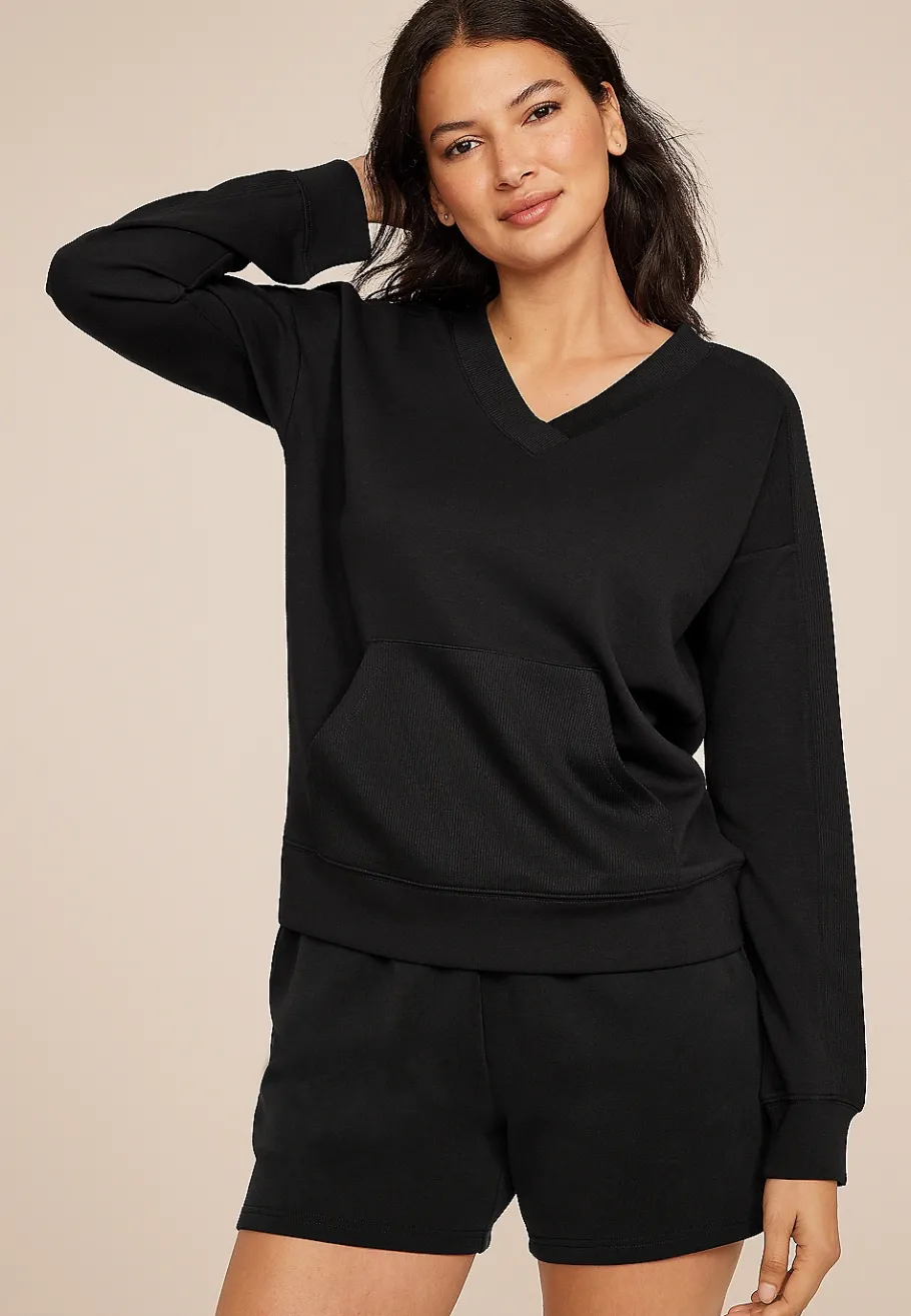 Maurices Sweatshirts-Ribbed Mixed Scuba Knit V Neck Sweatshirt