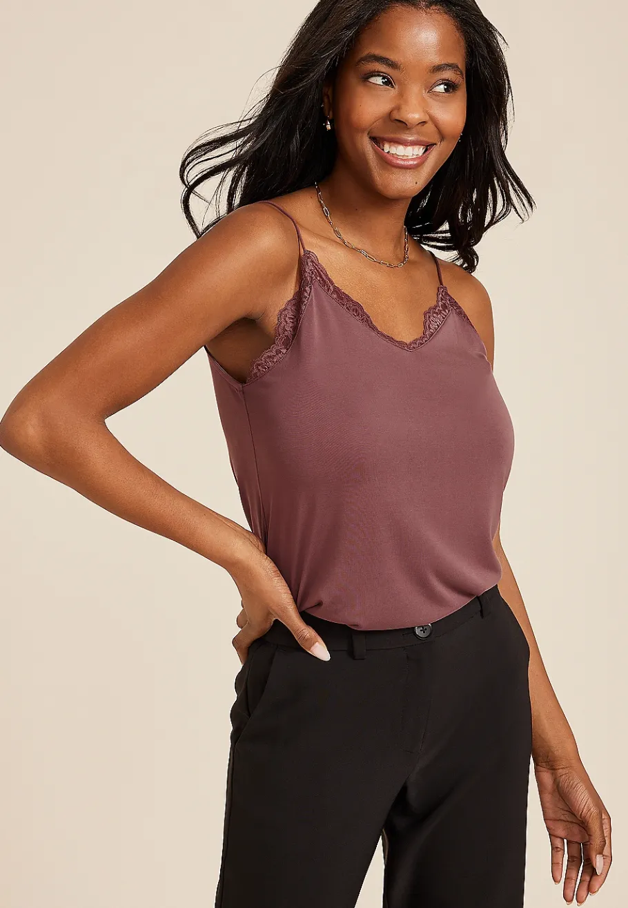 Maurices Tanks & Camis-Sandwash Lace Trim V Neck Swing Cami